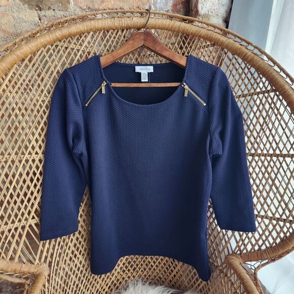 CALVIN Klein Navy and gold zipper 3/4 sleeve top - Picture 1 of 5